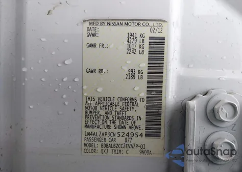 2012 Nissan Altima 2.5 S z USA, uszkodzony, nr VIN 1N4AL2AP3CN524954